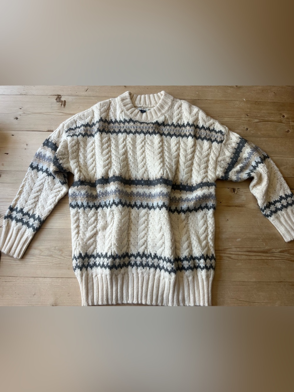 American Eagle Outfitters Cream Cable Knit Crewneck with Gray & Tan Stripes.